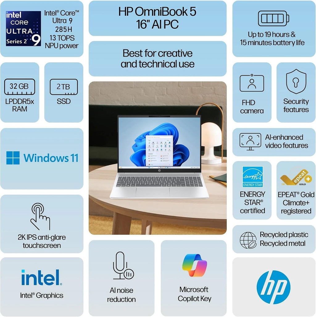 HP OmniBook 5 AI PC Touchscreen Laptop, Intel Ultra 9 285H, 32GB LPDDR5X RAM, 1TB NVMe SSD, 16' IPS, Intel Arc 140T, WiFi 6E, Backlit Keyboard, Windows 11 Home, Copilot+ Ready, Type C RJ45 Cable