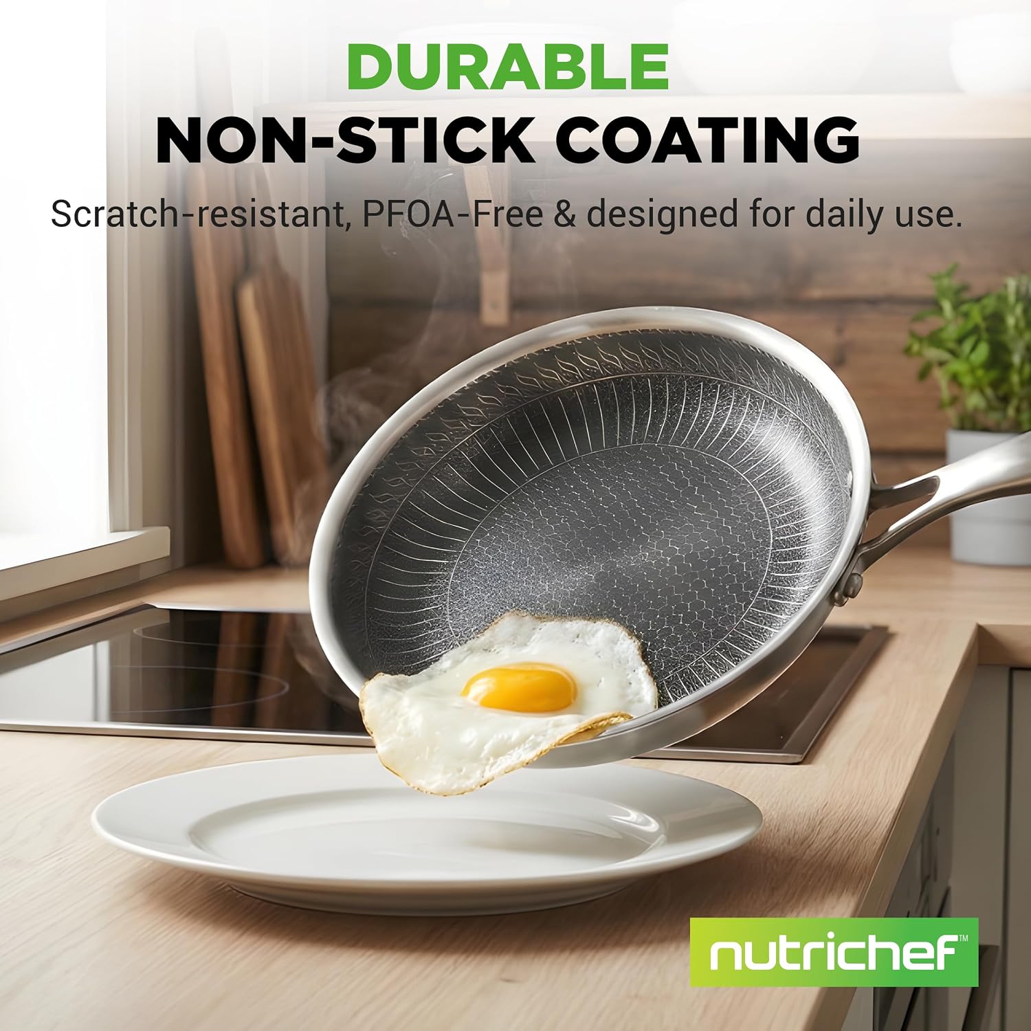 NutriChef 7-Piece Cookware Set Stainless Steel - Triply Kitchenware Pans Set Kitchen Cookware w/DAKIN Etching Non-Stick Coating - Small, Medium, & Large Stir Fry Pan with Lid, Wok - NC3PLY7S