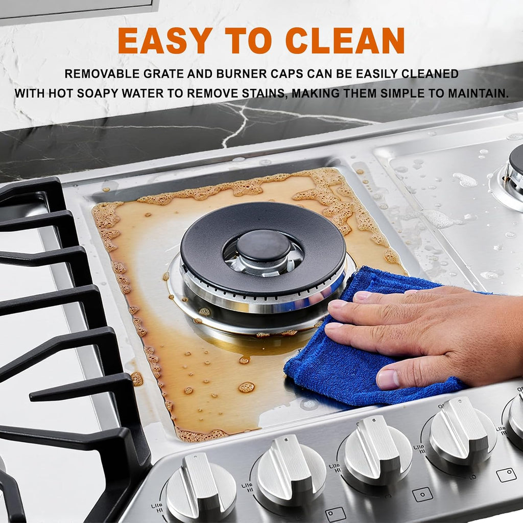 30 inch Gas Cooktop with 5 Italy SABAF Powerful Burners.Max 48,300 BTU/hr Built-in Gas Stove top of 304 Stainless steel,NG/LPG Convertible,ETL.