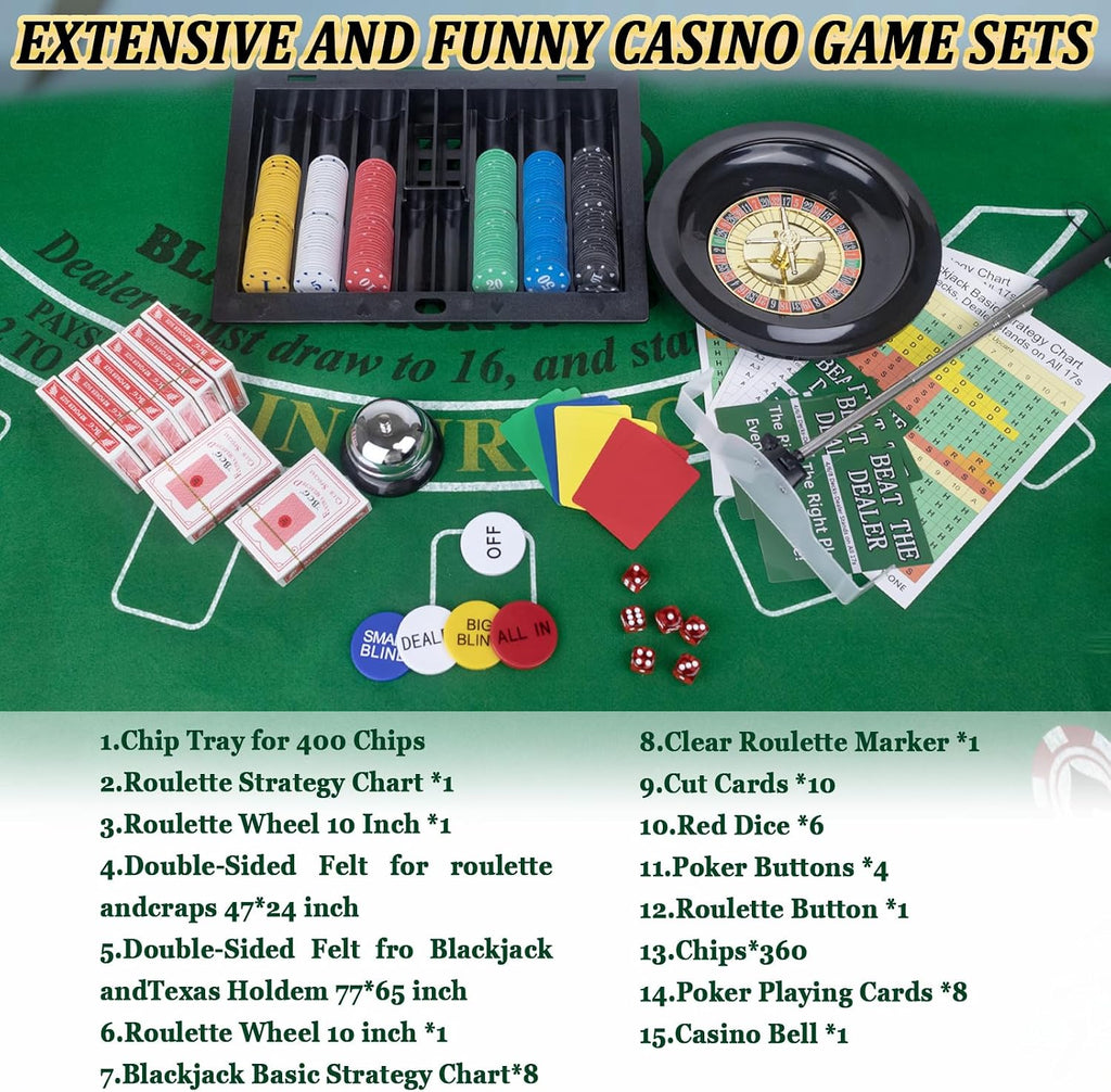 5 in 1 Premium Casino Game Set: Blackjack/Roulette/Craps/Texas Holdem/Poker Game Kit with 360 Chip+8 Deck Card+Roulette Wheel+2 Two-Sided Felt+6 Dice+Stratedgy Card,Texas Holdem Poker Blackjack Set