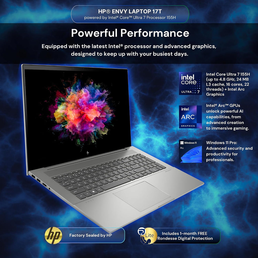 HP Envy 17T Laptop, Intel® Core™ Ultra 7 155H (up to 4.8 GHz), Intel Arc Graphics 32GB RAM,1TB SSD, 17.3' FHD Touch, Win 11 PRO, WiFi 6,Free Rondesse Lite-Real Time Scam and Legal Protection
