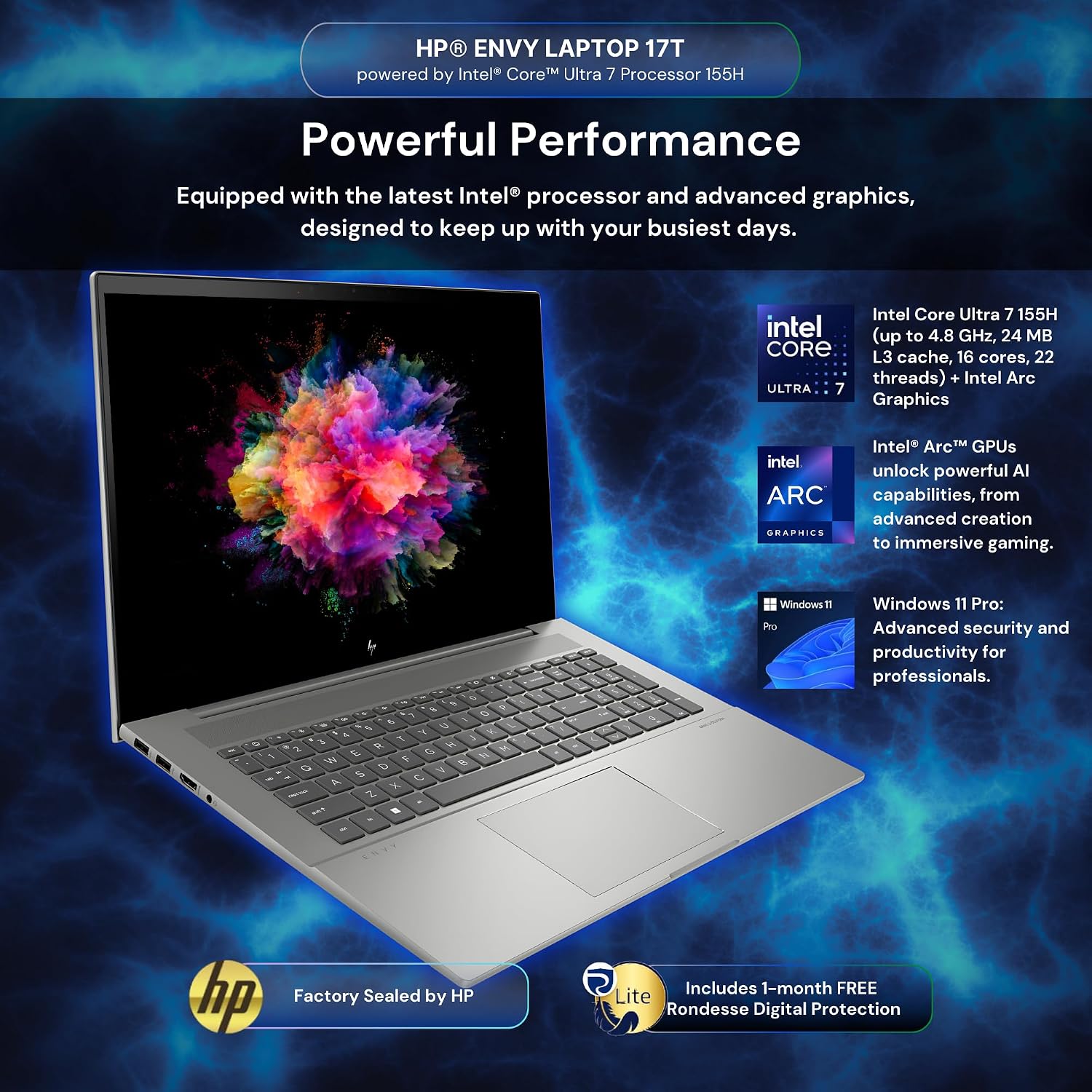 HP Envy 17T Laptop, Intel® Core™ Ultra 7 155H (up to 4.8 GHz), Intel Arc Graphics 32GB RAM,1TB SSD, 17.3' FHD Touch, Win 11 PRO, WiFi 6,Free Rondesse Lite-Real Time Scam and Legal Protection
