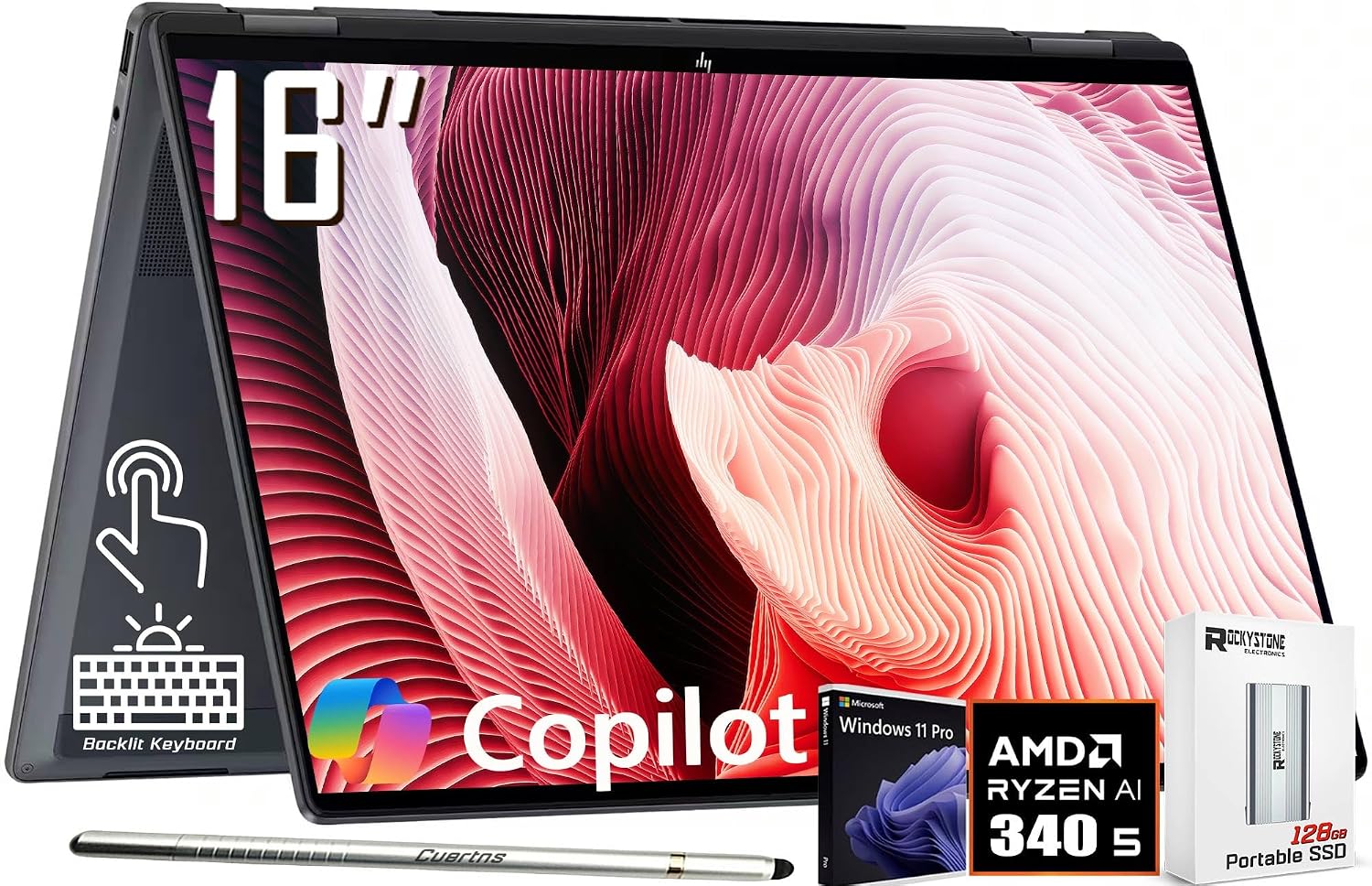 HP OmniBook X Flip 2-in-1 Copilot+ AI PC Laptop, 16' 2K Touchscreen, AMD 6-Core Ryzen AI 5 340(>Intel i5-13420H), 16GB LPDDR5X, 2TB SSD, 5MP IR Webcam, Backlit KB, W/128GB PSD&Stylus, Win11 PRO
