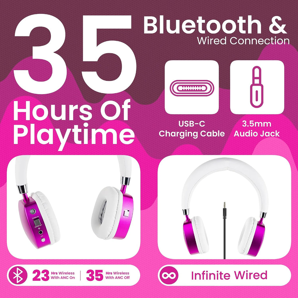 Puro Sound Labs Noise Cancelling Headphones for Kids - 85 dB Volume Limit, Built in Mic, 35-Hour Battery, Lightweight On Ear Design & Comfy Fit, Bluetooth Headphones for Kids – PuroQuiet Plus, Pink