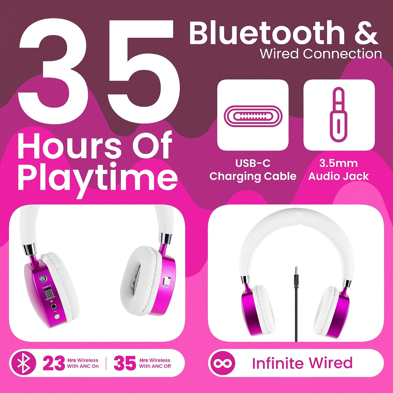 Puro Sound Labs Noise Cancelling Headphones for Kids - 85 dB Volume Limit, Built in Mic, 35-Hour Battery, Lightweight On Ear Design & Comfy Fit, Bluetooth Headphones for Kids – PuroQuiet Plus, Pink