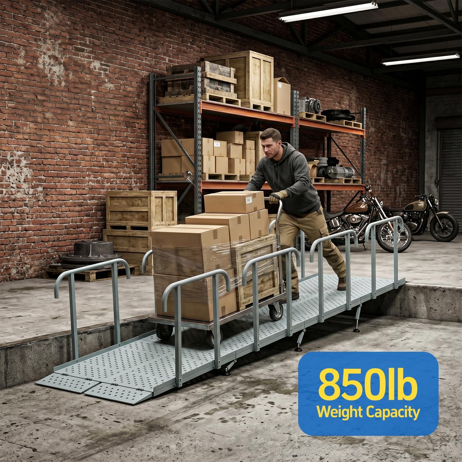 12'L x 36' W Portable Wheelchair Ramp with Handrails, Non-Slip Heavy Duty Handicap Ramp 850lbs Load Capacity, Wheelchair Ramp for Home Steps, Stairs, Doorway