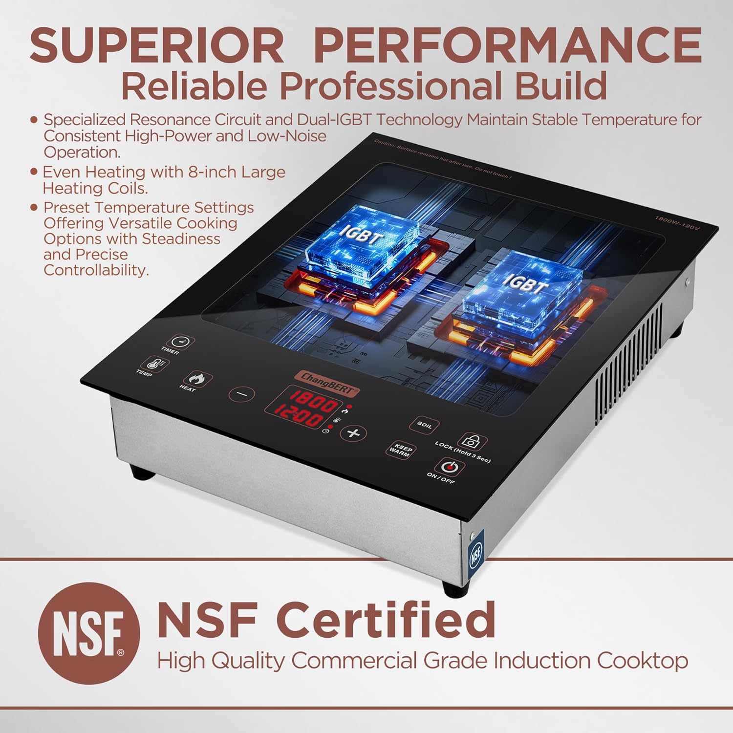 ChangBERT Built-in & Countertop Induction Cooktop, NSF-Certified Commercial Grade Single Induction Burner, Large 8' Heating Coil, Low Noise, Precise Temperature Control for Apartments RVs Food Station