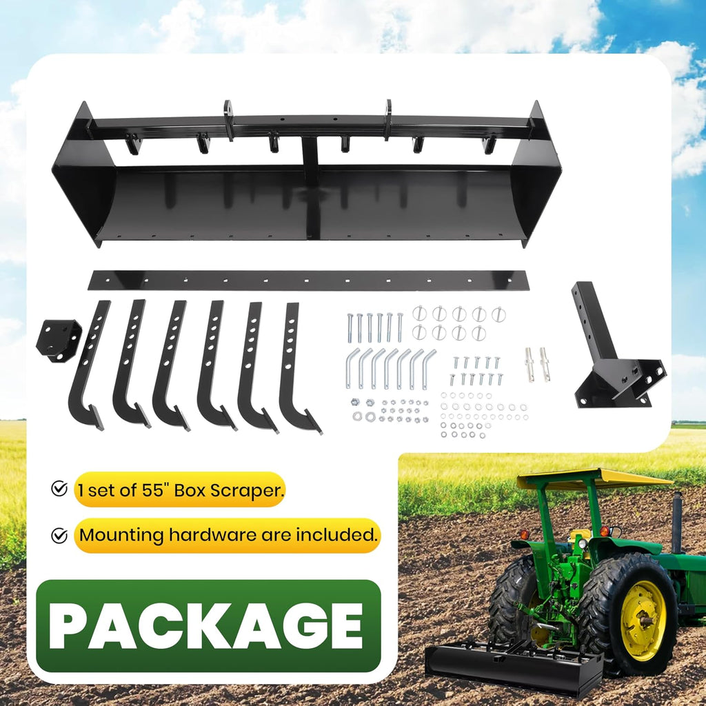 ECOTRIC 55' 3-Point Box Scraper Compatible with CAT-0 Garden Lawn Mower Tractor w/Adjustable Blade for Gravel Snow Landscaping Construction Agriculture