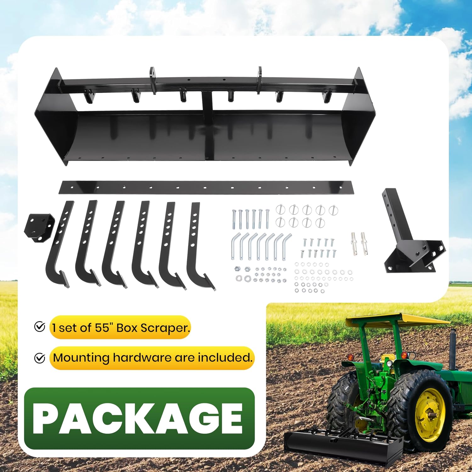 ECOTRIC 55' 3-Point Box Scraper Compatible with CAT-0 Garden Lawn Mower Tractor w/Adjustable Blade for Gravel Snow Landscaping Construction Agriculture