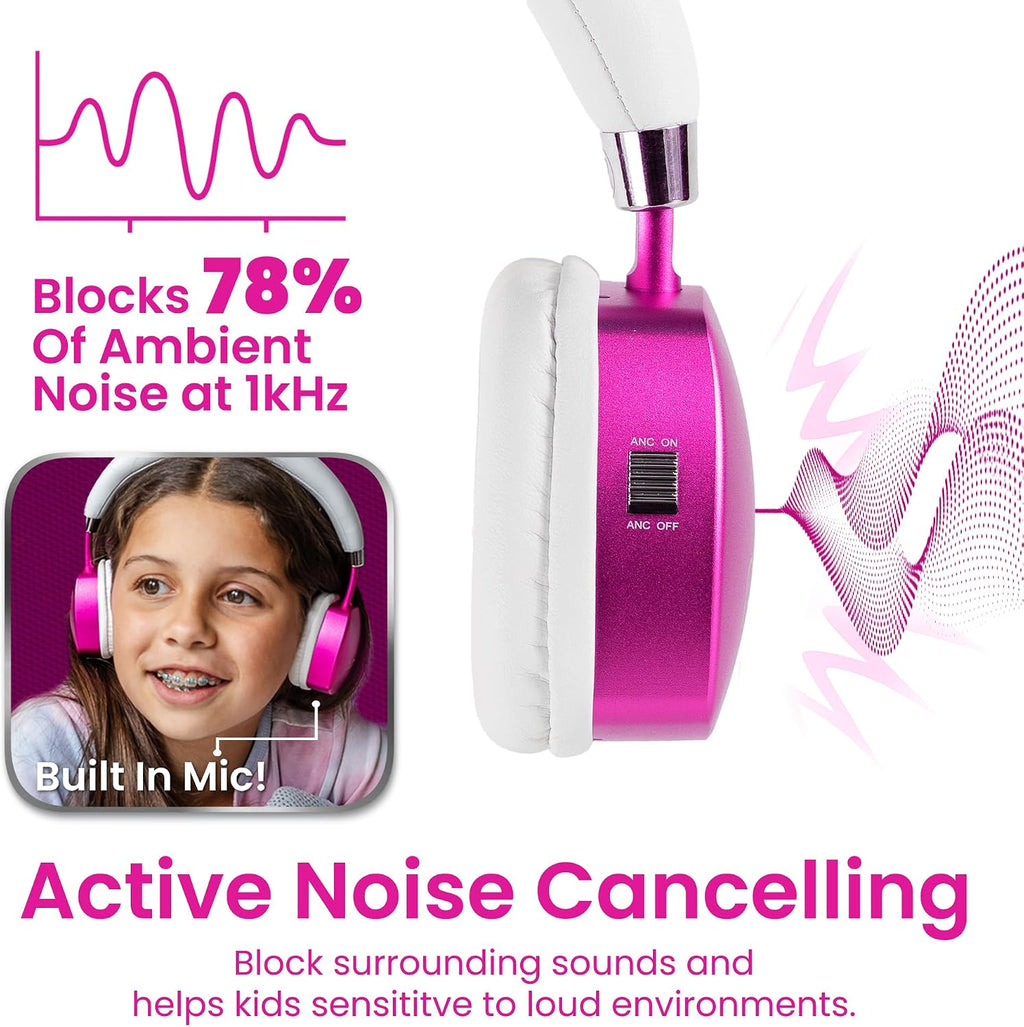 Puro Sound Labs Noise Cancelling Headphones for Kids - 85 dB Volume Limit, Built in Mic, 35-Hour Battery, Lightweight On Ear Design & Comfy Fit, Bluetooth Headphones for Kids – PuroQuiet Plus, Pink