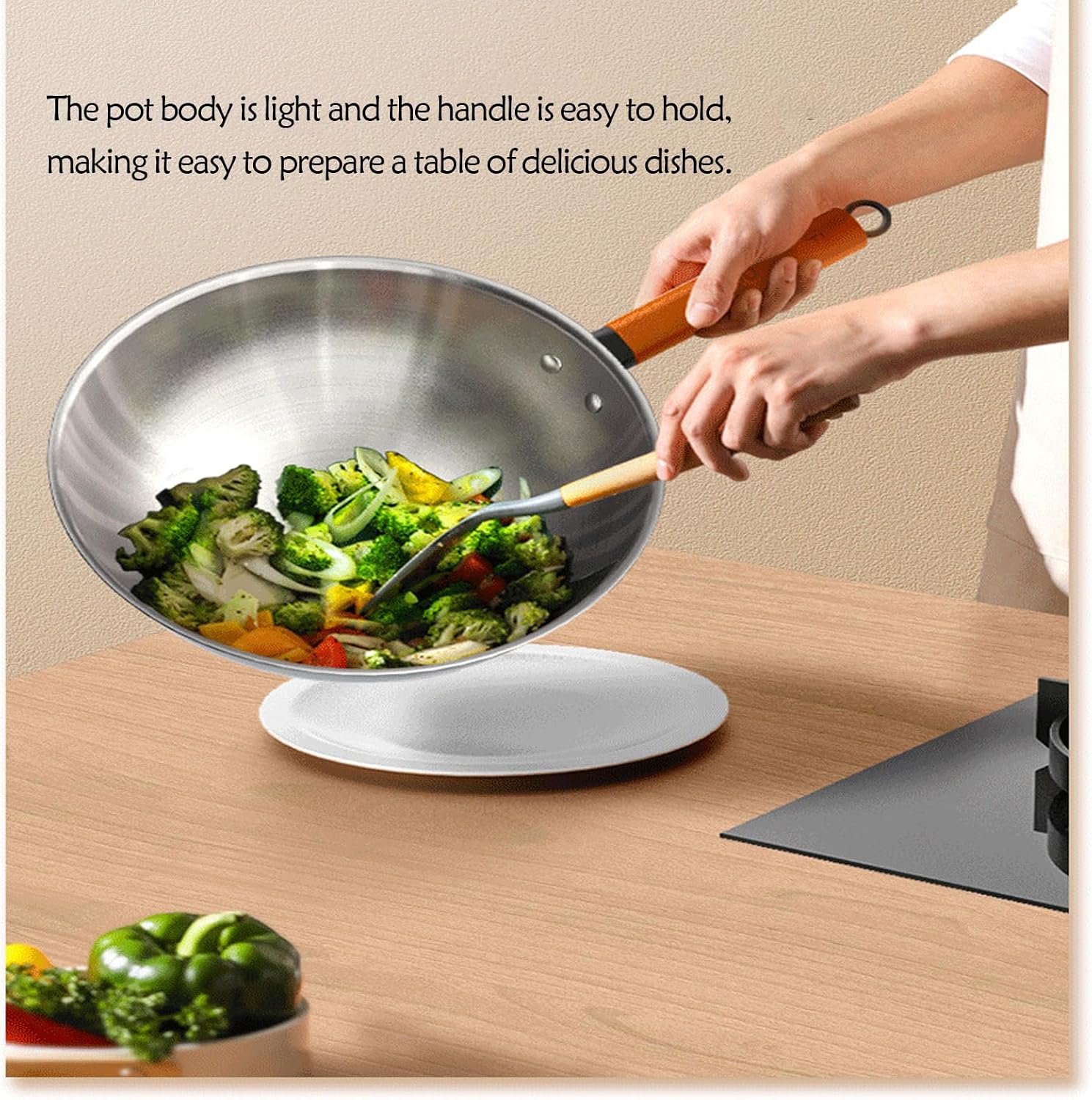 Pure Titanium Wok Titanium Wok Uncoated Flat Bottom Non-Stick Pan,Woks & Stir Fry Pans with Stay-Cool Handle,Flat Bottom Wok Suits for Induction, Electric, All Stoves,
