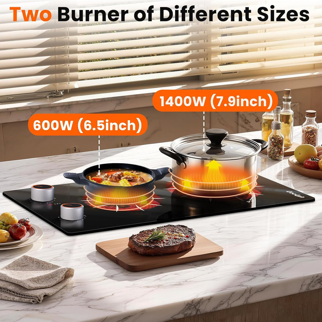 Electric Cooktop 2 Burner - 12 Inch 2000W Electric Stove Built-in & Countertop, Two Burner Ceramic Cooktop with Knob Control, 9 Power Level, Over Heat Protection, 110-120V Plug in (Red Konb)