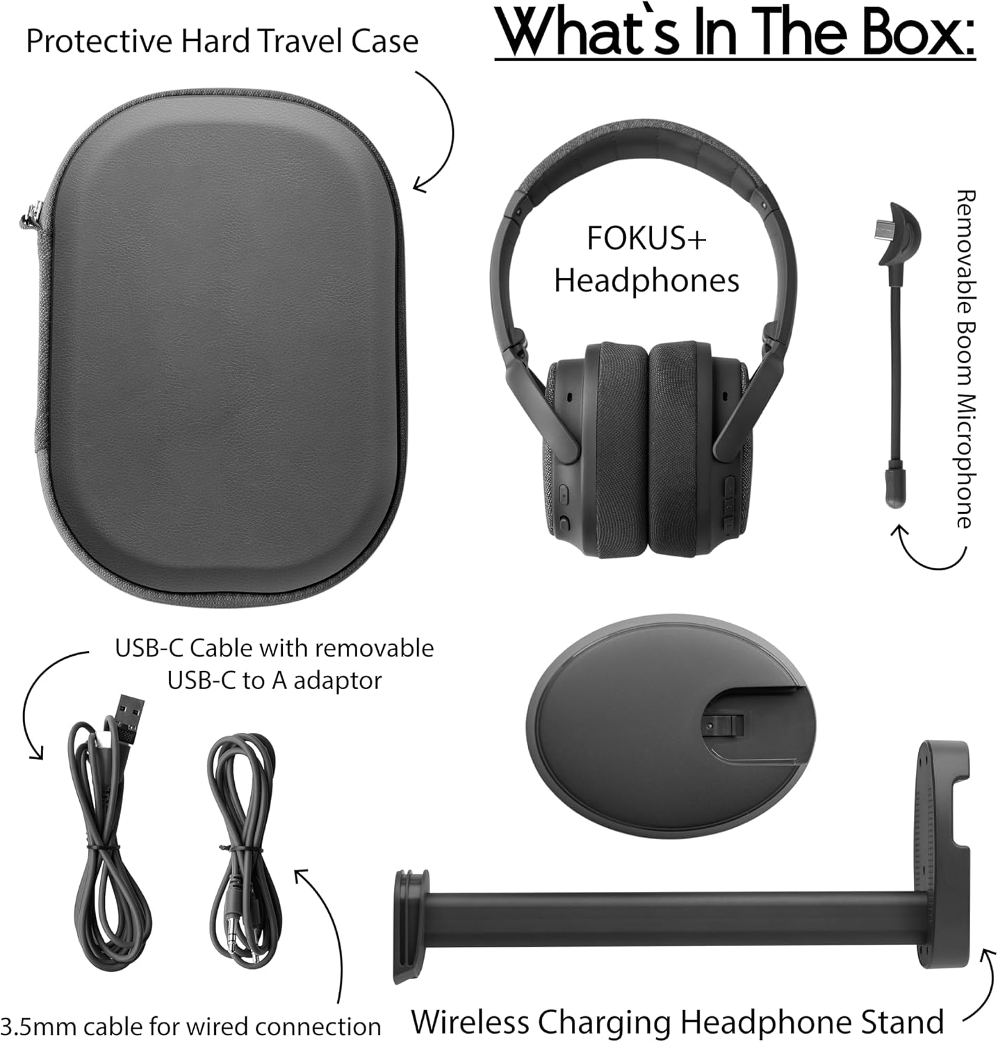 ONANOFF Fokus Plus Hybrid Active Noise Cancelling Bluetooth Headset, 50H Playtime, with Headphone Stand Wirelessly Charges Your Headphones, Removable Boom Mic, Multipoint, Home Work Travel- Dusk Grey