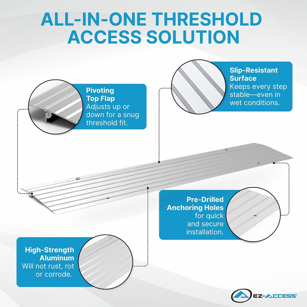 EZ-ACCESS - Threshold Ramps for Doorways - Portable Wheelchair Ramp for Home Steps, Aluminum Door Threshold Sliding Doors, Walker & Wheelchair Access - Adjustable Modular Transitions, 5' Rise