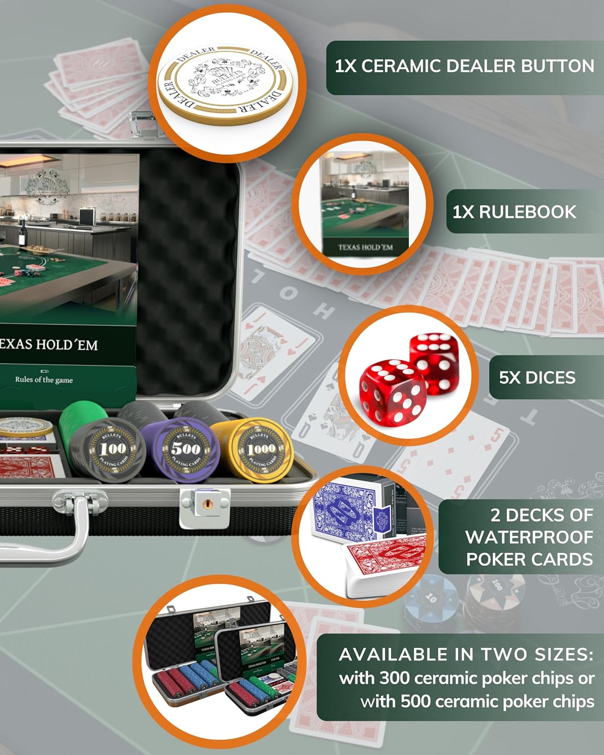 Bullets Playing Cards | Professional Poker Set Silvio | 300 Ceramic Poker Chips (10 g) with Premium Carrying Case – Casino Poker Set for Texas Hold'em