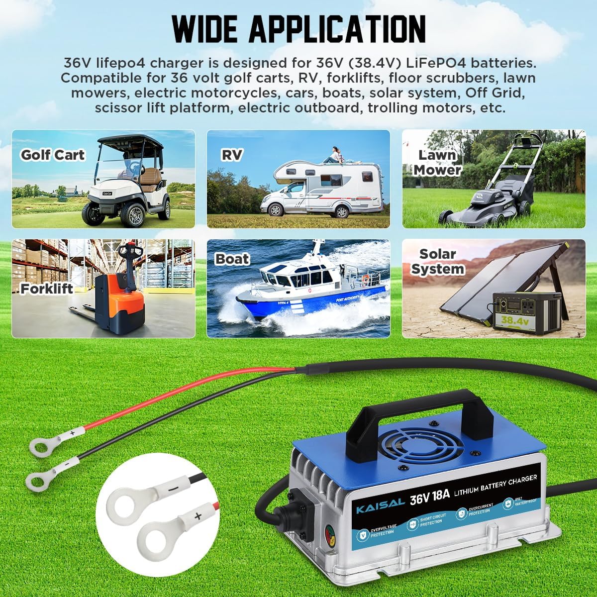 Lithium Battery Charger 36 Volt/43.8V 18A for 36V (38.4V) LiFePO4 Battery 0V Wake Up 36V Lifepo4 Battery Charger, IP67 Waterproof, for Golf Cart, Forklift, Trolling Motor, Boat, Car, RV, Lawn Mower