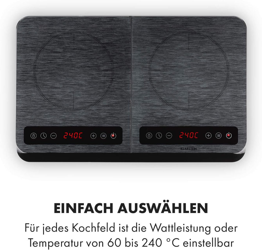 Klarstein InnoChef - Double Induction Hob, 3400 W, Touch Control, Pot Sensor, Shutdown Timer, 10 Levels, Overheat Protection, Child Safety Lock, Glass Ceramic, Black/Grey