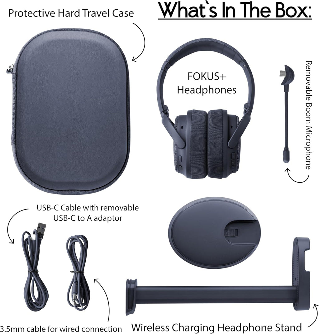 ONANOFF Fokus+ Hybrid ANC Bluetooth Headset, 50H Playtime, Wireless Charging Stand, Removable Boom Mic, Multipoint, for Home, Work & Travel (Midnight Blue)