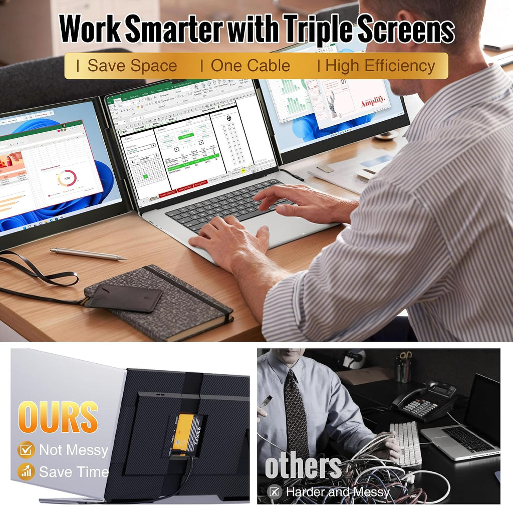 2026 New One Cable Connection Laptop Screen Extender Monitor Portable, Ultra Thin 15.6' 1080P FHD Triple Screen,Fit for 13-17' Laptop, Plug & Play Compatiable with Win/Mac/Chrome/Android