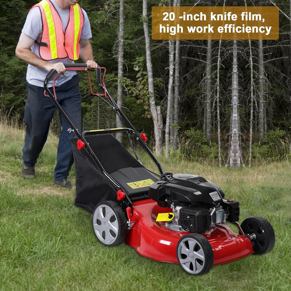 3 in 1 Self-Propelled Gas Lawn Mower with 141cc Engine,20 Inch Cutting Deck&50L Grass Bag-Push Walk-Behind Mower with Big Wheels,8-Level Height Adjustment,and Foldable Design for Effortless Lawn Care