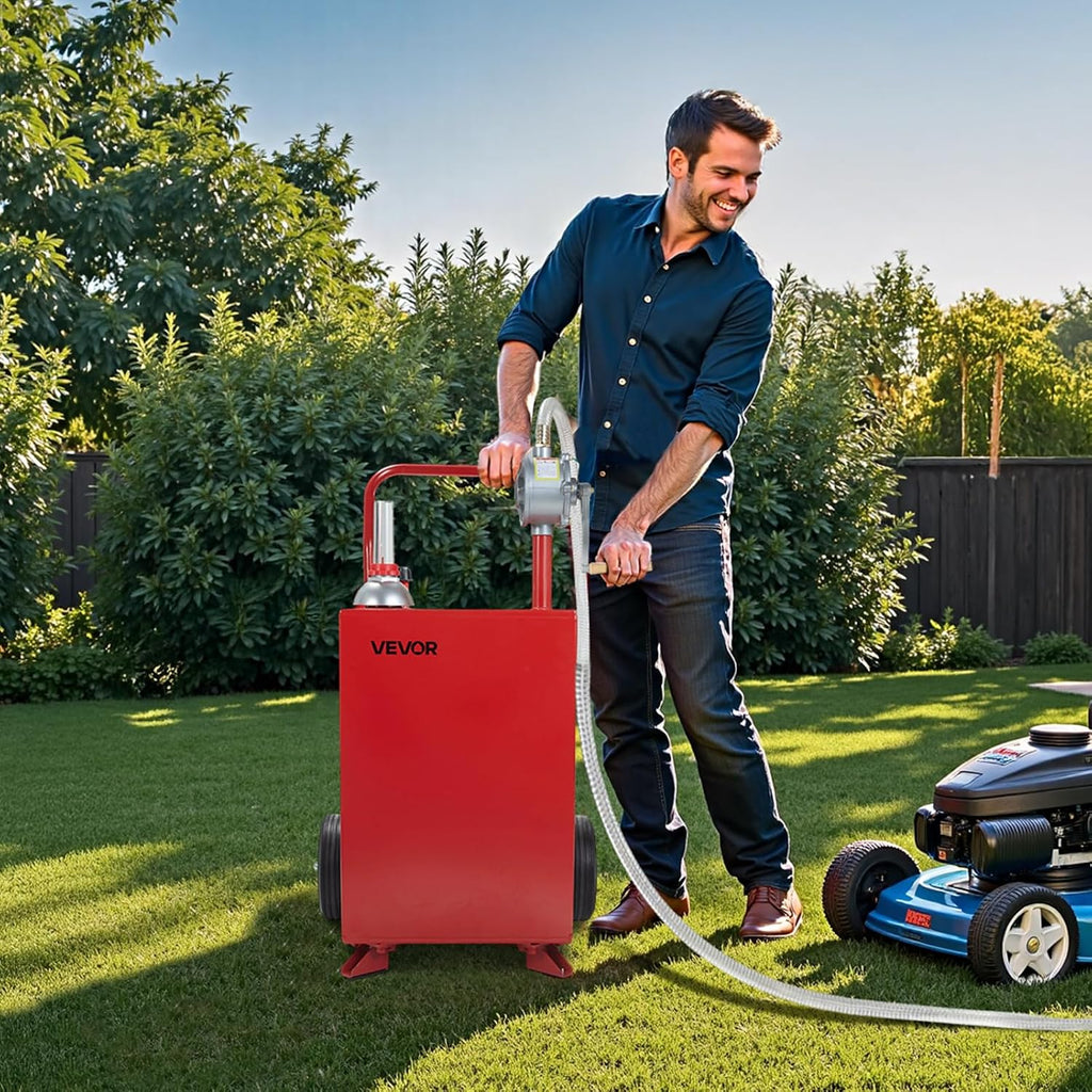 VEVOR 20 Gallon Transfer Tank, Diesel Tank with Manual Transfer Pump, Diesel Storage Tank with 2 Wheels & 10 ft Hose, Transfer Container for Cars, Lawn Mowers, ATVs, Boats, More, Red