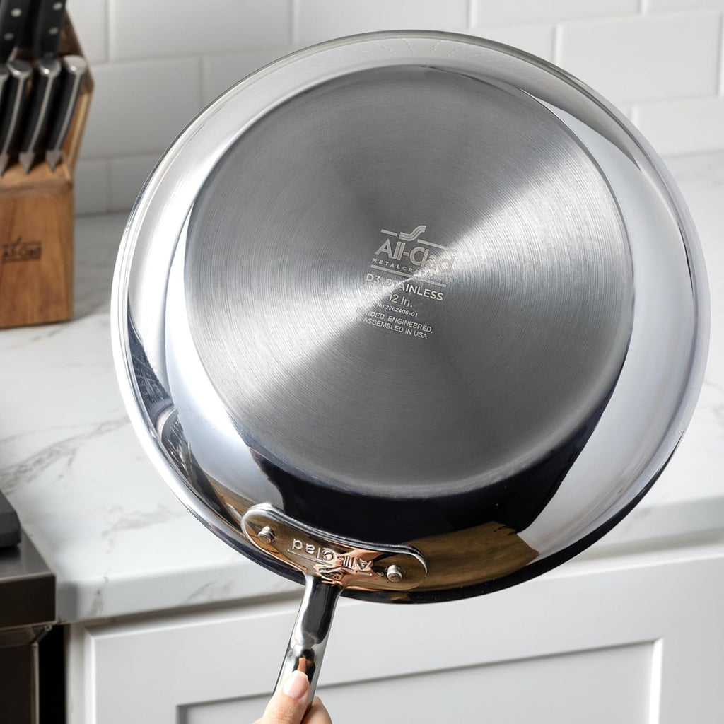 All-Clad D3® Stainless Steel 12 inch Frying Pan With Lid- Made in the USA- The Original Bonded Professional Cookware- Oven Safe & Induction Compatible