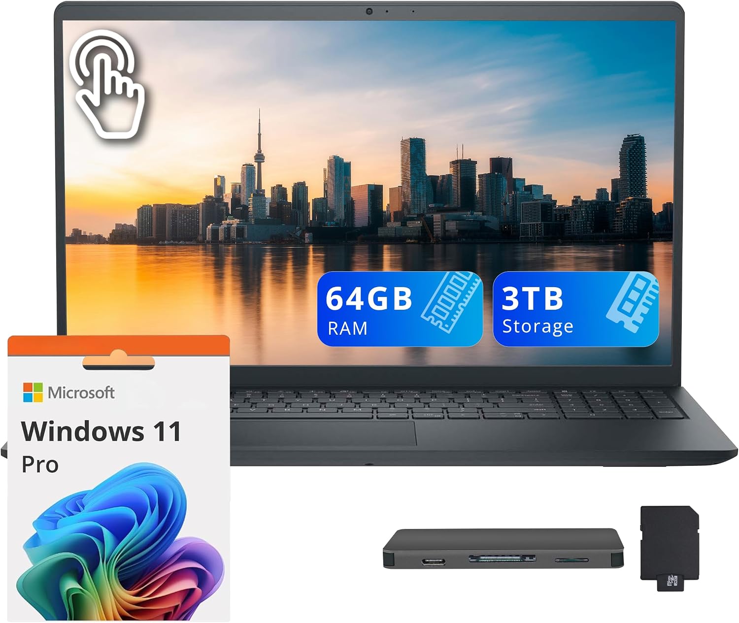 Dell Inspiron 15.6' FHD Touchscreen Laptop, Intel i7-1355U, 64GB RAM, 3TB Storage (2TB SSD+1TB Docking Station Set), Intel UHD Graphics, Numeric Keypad, 720p Webcam, Wi-Fi 6, Win 11 Pro, Black