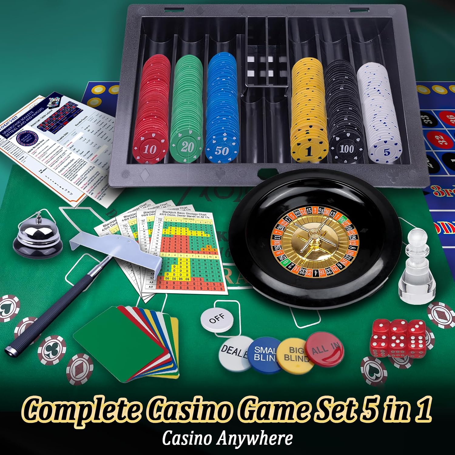 5 in 1 Premium Casino Game Set: Blackjack/Roulette/Craps/Texas Holdem/Poker Game Kit with 360 Chip+8 Deck Card+Roulette Wheel+2 Two-Sided Felt+6 Dice+Stratedgy Card,Texas Holdem Poker Blackjack Set