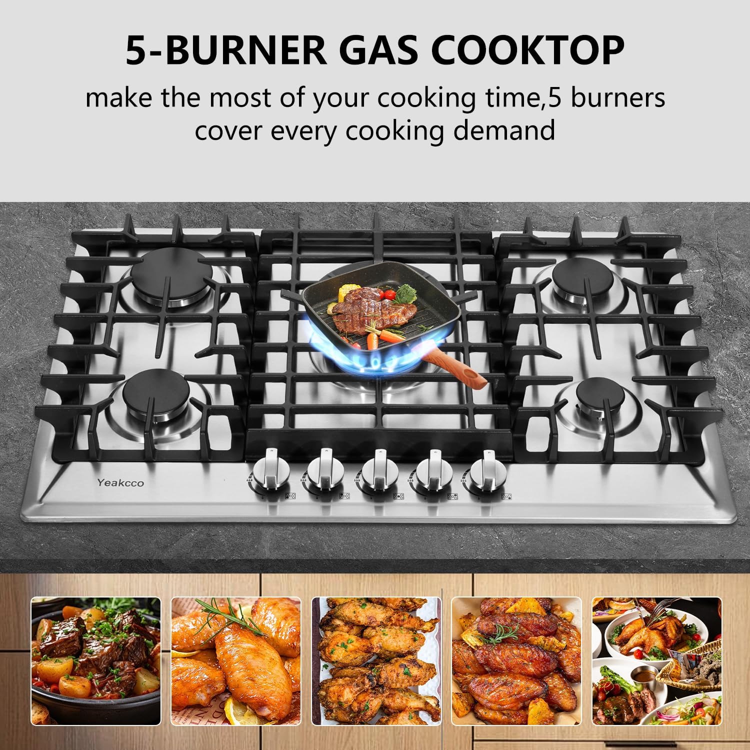 30 Inch Gas Cooktop, Built-in 5 Burners Stainless Steel Stovetop Propane/Natural Gas Convertible Stove Top Dual Fuel Cooktop