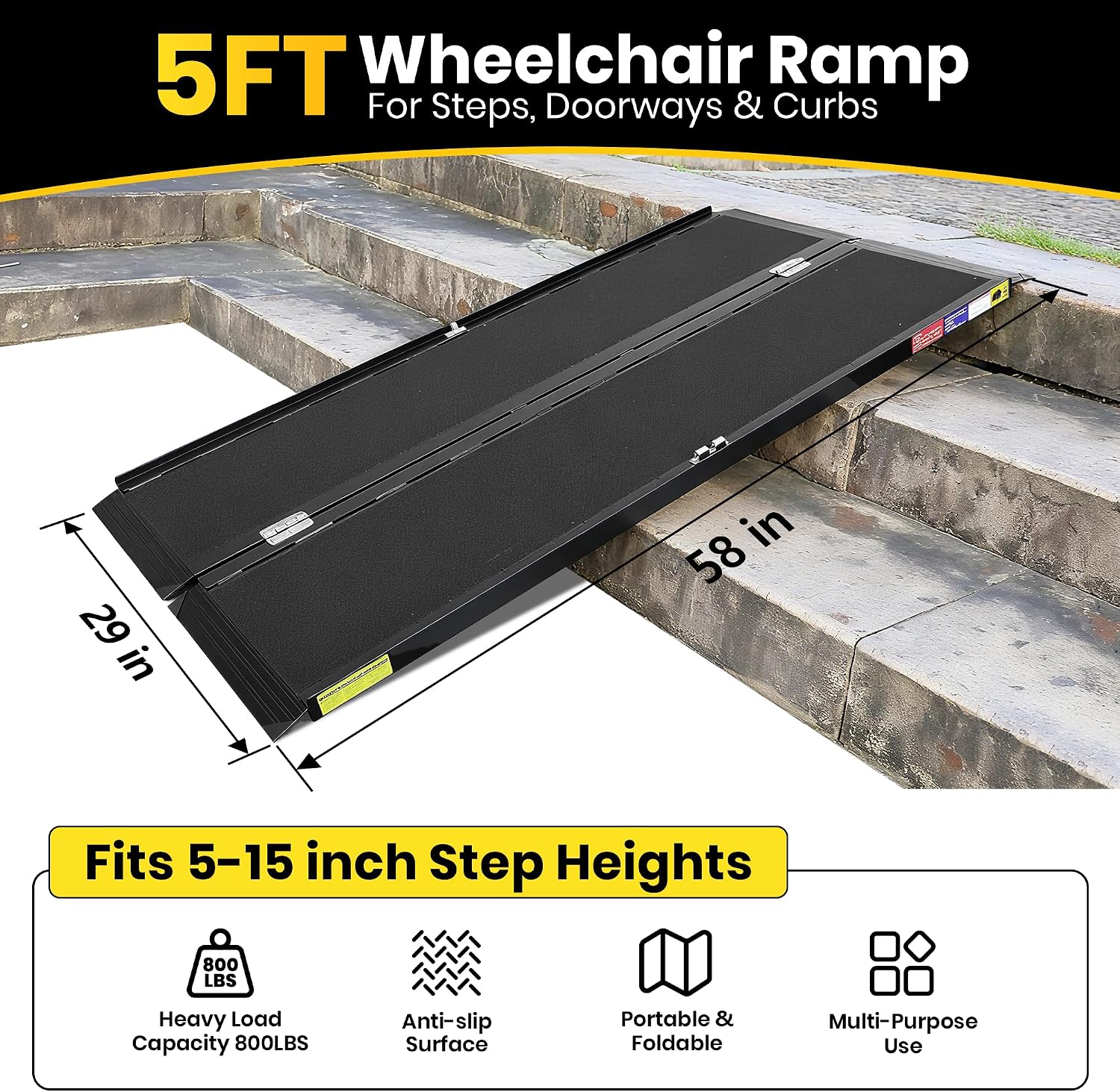 5FT Portable Wheelchair Ramp with Quick-Lock, Black Seamless Non-Slip Aluminum Folding Handicap Ramp,Threshold Ramp for Doorways, Wheel Chair Ramp for Home Steps