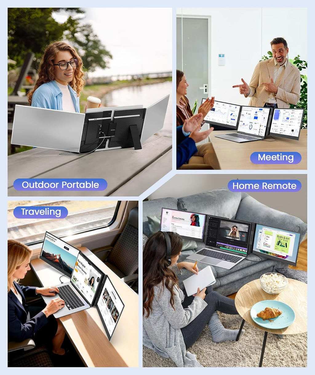 One Cable Laptop Screen Extender, 15.6' Ultra-Slim Triple Portable Monitor, 1080P FHD IPS Display, USB-C/USB-A Connection, Travel Monitor for 13–17.3' Laptops, MacOS/Windows/Android