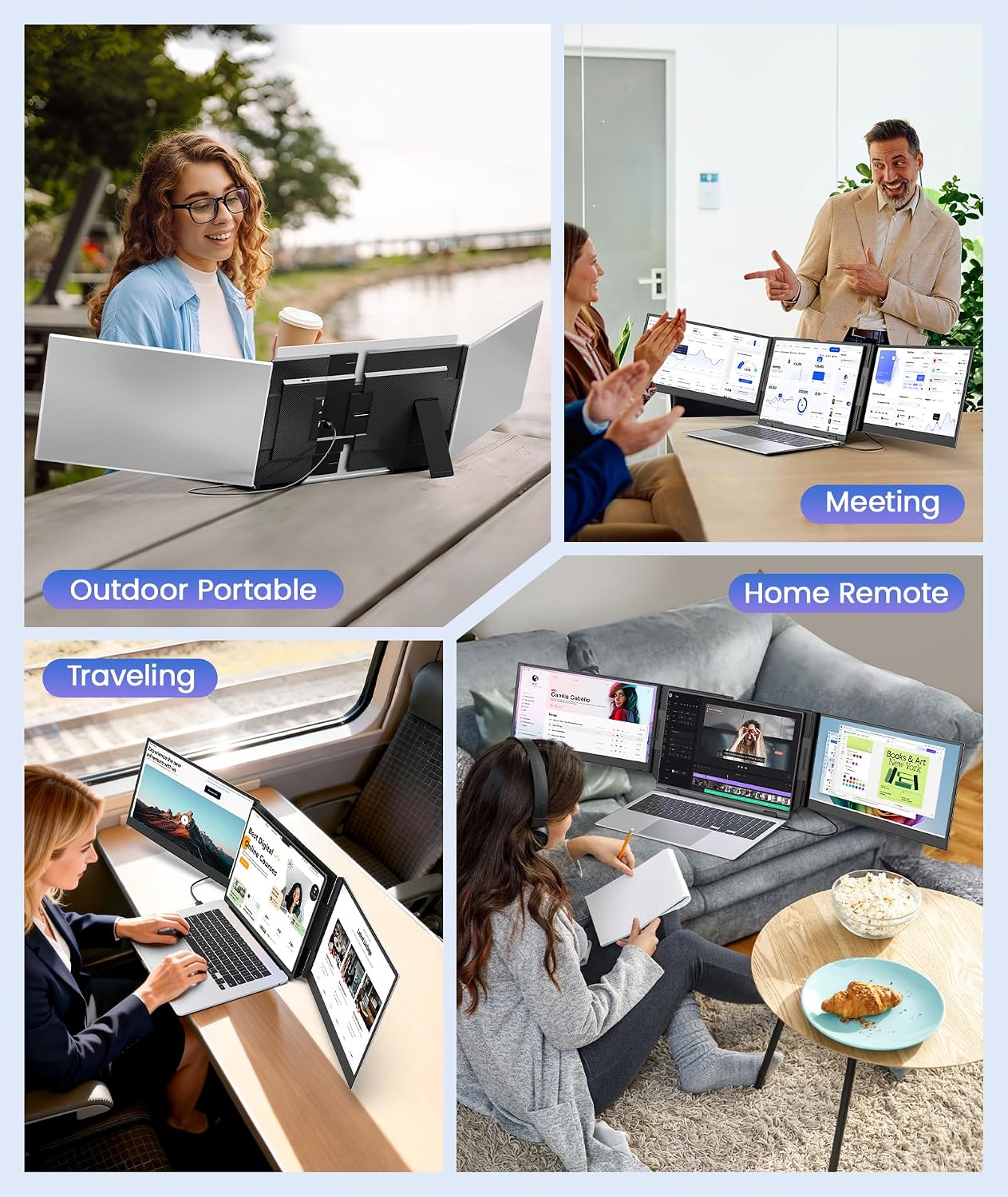 One Cable Laptop Screen Extender, 15.6' Ultra-Slim Triple Portable Monitor, 1080P FHD IPS Display, USB-C/USB-A Connection, Travel Monitor for 13–17.3' Laptops, MacOS/Windows/Android