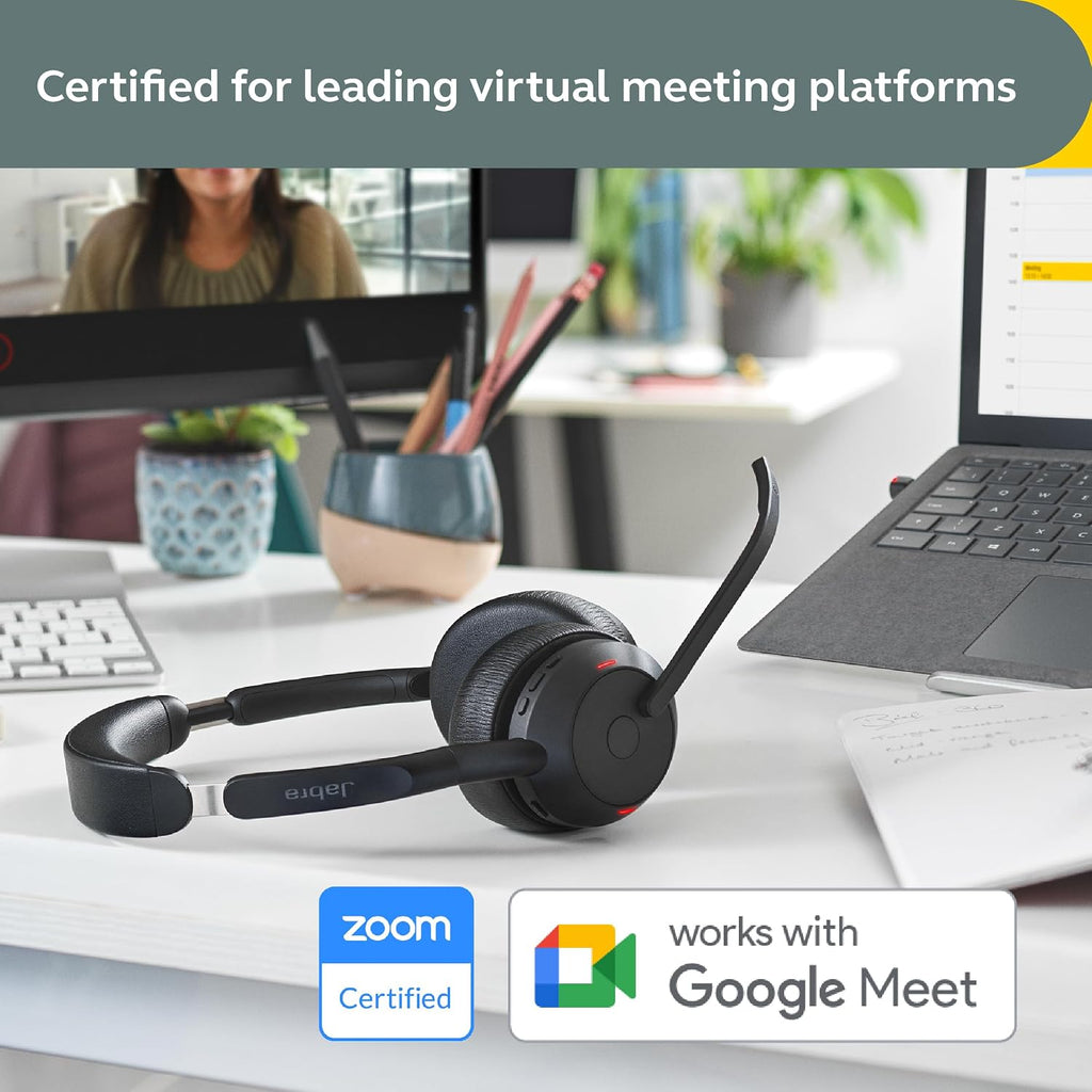 Jabra Evolve2 55 Stereo Wireless Headset - Features AirComfort Technology, Noise-Cancelling Mics & Active Noise Cancellation - Works with UC Platforms Such as Zoom & Google Meet - Black
