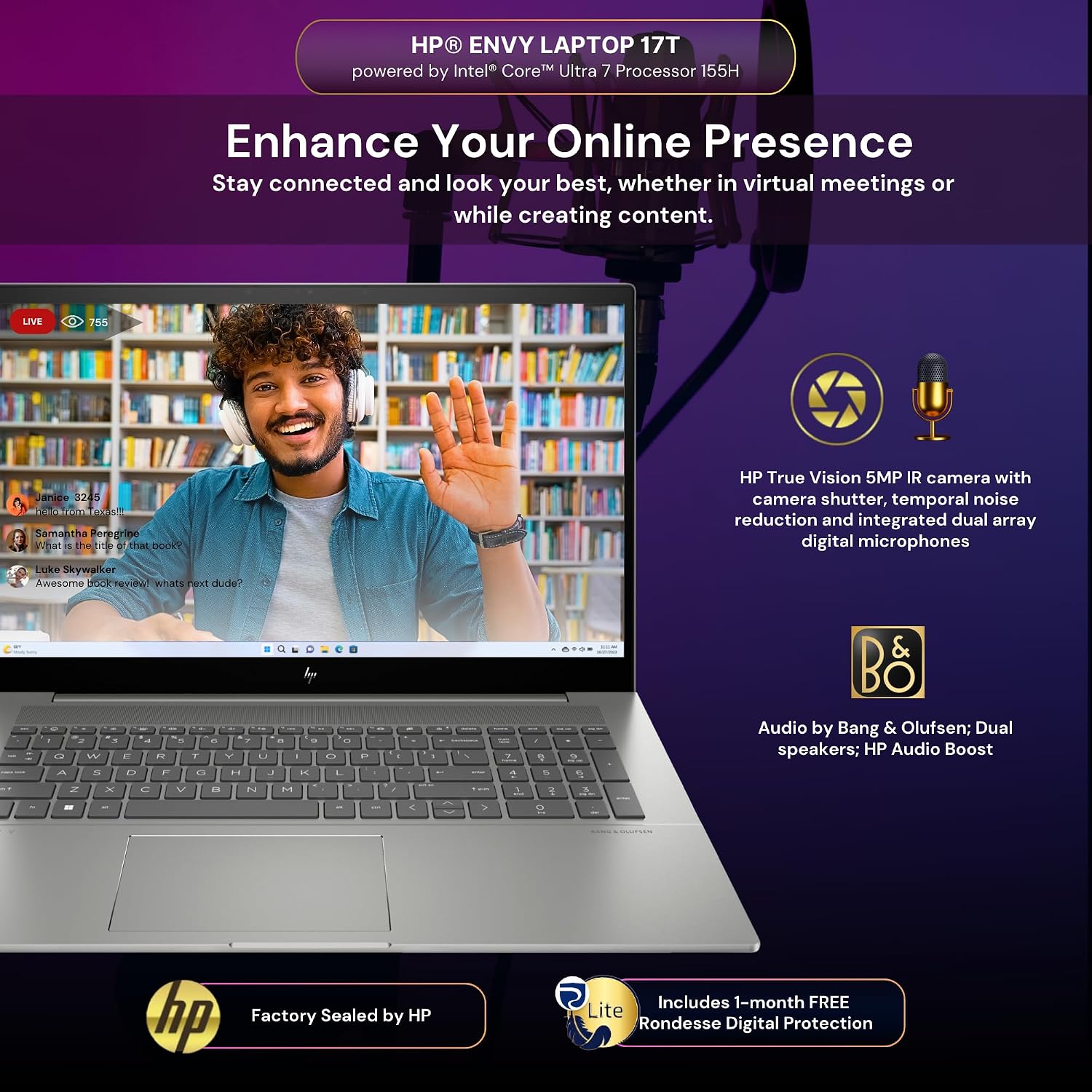 HP Envy 17T Laptop, Intel® Core™ Ultra 7 155H (up to 4.8 GHz), Intel Arc Graphics 32GB RAM,1TB SSD, 17.3' FHD Touch, Win 11 PRO, WiFi 6,Free Rondesse Lite-Real Time Scam and Legal Protection