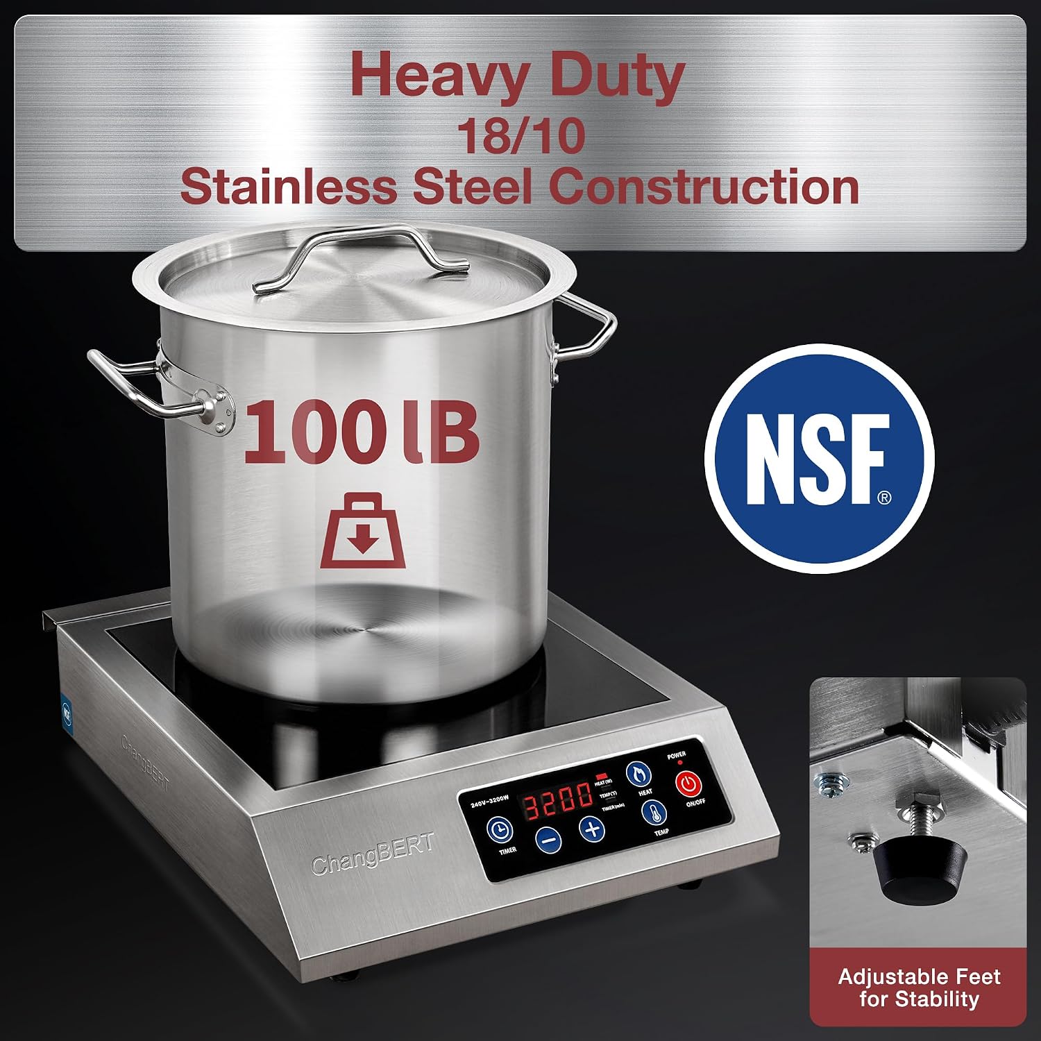 ChangBERT Induction Cooktop Commercial 1800W & Induction Cooktop 208-240V 3200W NSF Certified Commercial Grade Burner Pro Chef Professional Range High Power 18/10 Stainless Steel Housing Schott Glass
