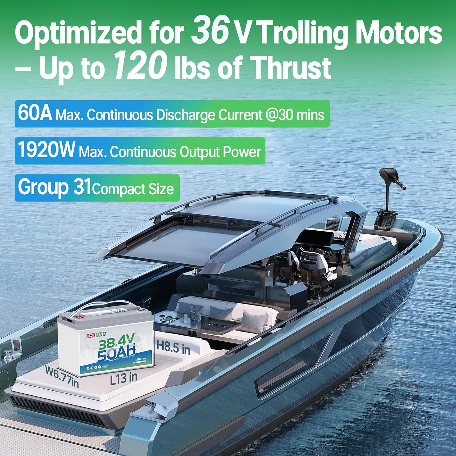 Redodo 36V Lithium Battery 50Ah LiFePO4 Battery with Low-Temp Protection, 50A BMS, 1920Wh, 10 Years Lifespan, Deep Cycle Group 31 Lithium Battery for 36V Trolling Motor, Yacht, Marine, Boat, Golf Cart