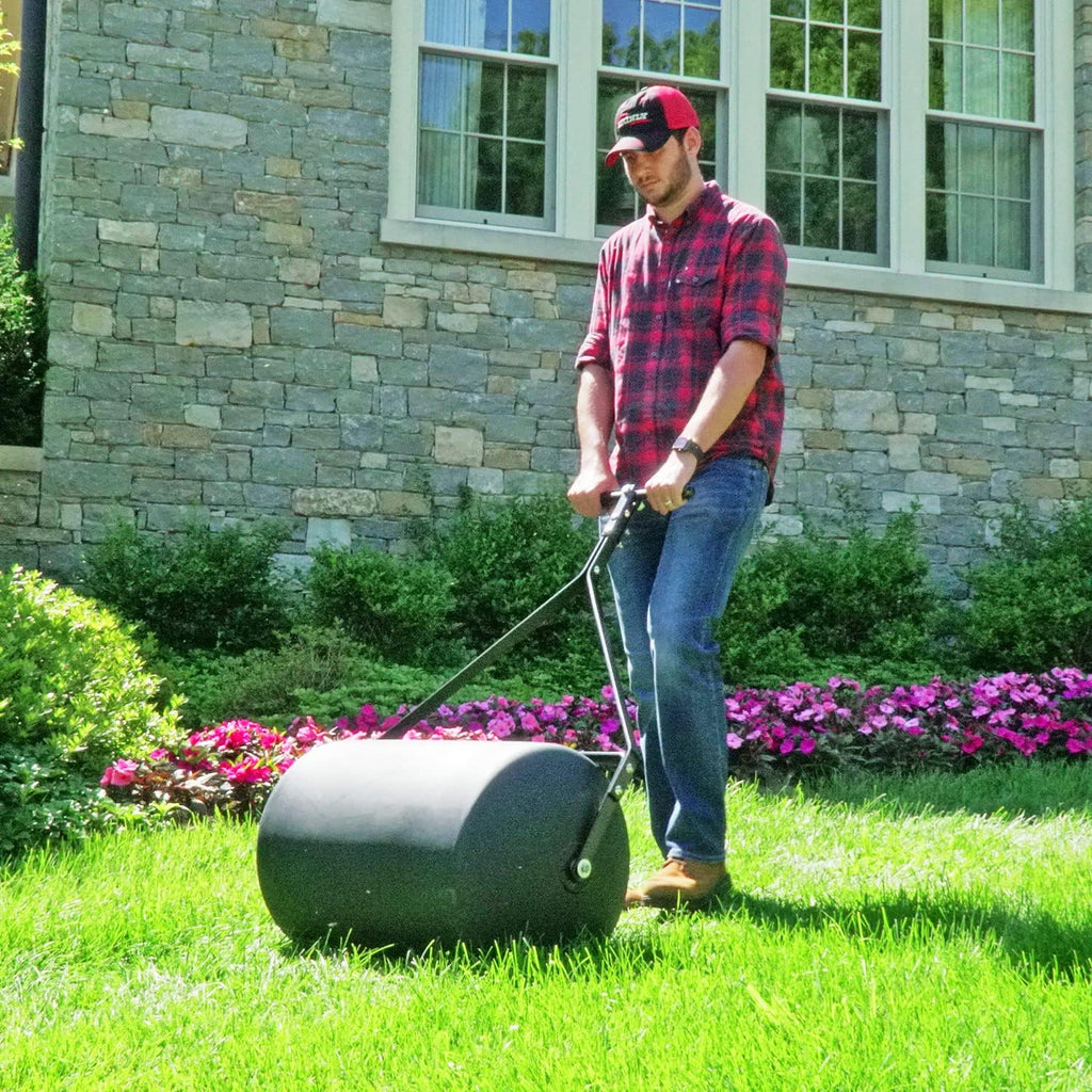 Brinly 270 lb. Combination Push/Tow Poly Lawn Roller with Easy-Turn Tethered Plug, 18 by 24' - Flat Black