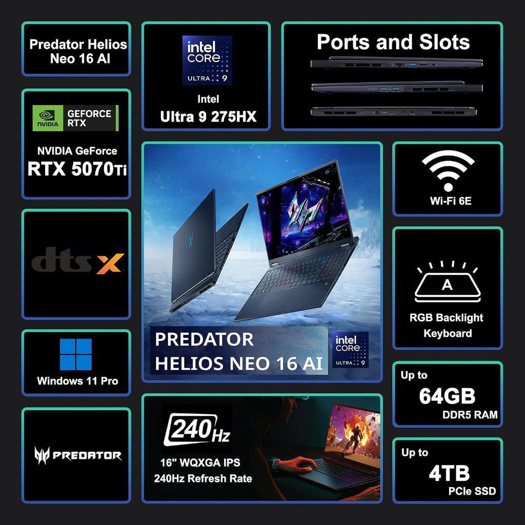 Acer Predator Helios Neo 16 AI Gaming Laptop 16' 2560x1600 IPS 240Hz (100% DCI-P3) Intel 24-core Ultra 9 275HX 64GB RAM 4TB SSD GeForce RTX 5070 Ti (Up to 992 AI Tops) Win11Pro ICP Hub