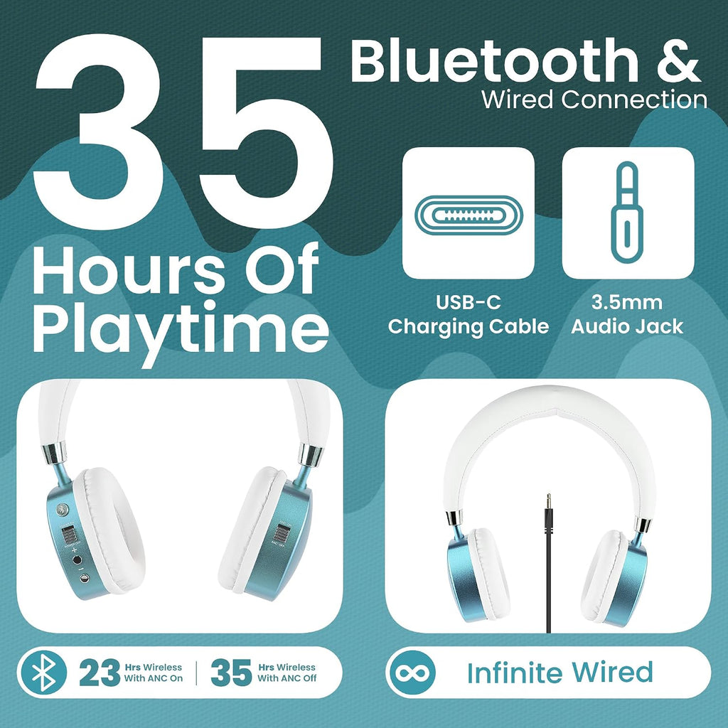 Puro Sound Labs Noise Cancelling Headphones for Kids - 85 dB Volume Limit, Built in Mic, 35-Hour Battery, Lightweight On Ear Design & Comfy Fit, Bluetooth Headphones for Kids – PuroQuiet Plus, Teal