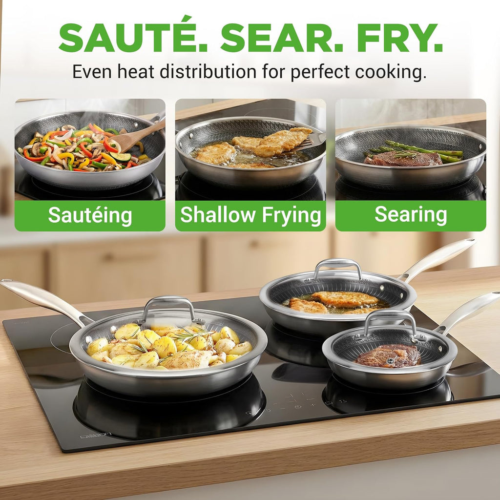 NutriChef 7-Piece Cookware Set Stainless Steel - Triply Kitchenware Pans Set Kitchen Cookware w/DAKIN Etching Non-Stick Coating - Small, Medium, & Large Stir Fry Pan with Lid, Wok - NC3PLY7S