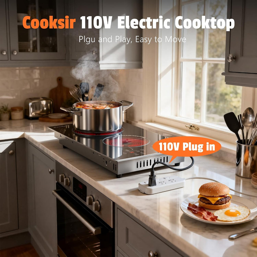 2 Burner Electric Cooktop - 110v Countertop and Built-in Electric Stove 2000W, 12 Inch Ceramic Stove with Residual Heat Indicator, Over-Temperature Protection, Knob Control, 110-120V Plug in