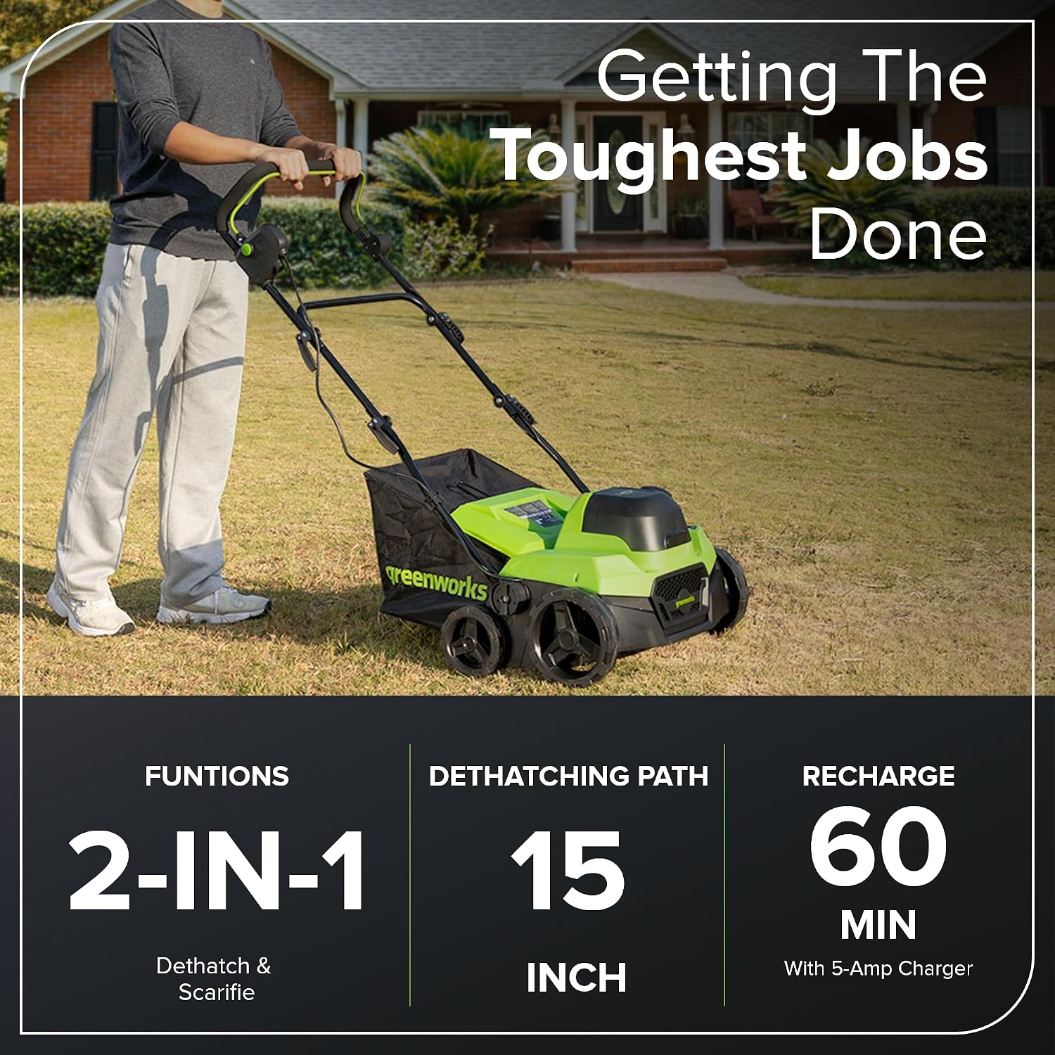 Greenworks 40V 15-Inch 2-in-1 Dethatcher & Scarifier, 5.0Ah Battery & Rapid Charger Included, Brushless Motor, 5-Position Depth Adjustment