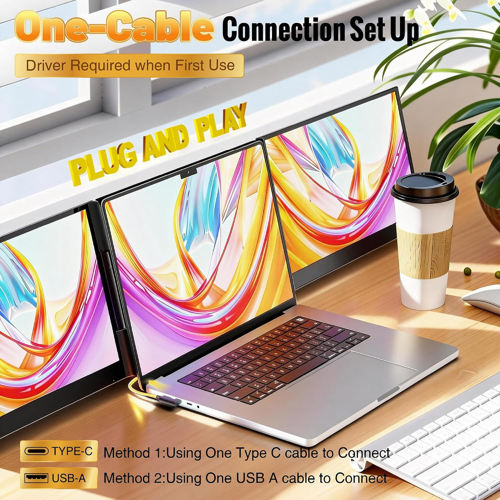 2026 New One Cable Connection Laptop Screen Extender Monitor Portable, Ultra Thin 15.6' 1080P FHD Triple Screen,Fit for 13-17' Laptop, Plug & Play Compatiable with Win/Mac/Chrome/Android
