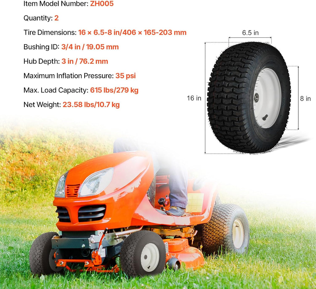 VEVOR Lawn Mower Tires, 16x6.5-8 in Tubeless Tractor Tires with Rim, 2 Pack Tire & Wheel, 3 in Offset Hub, Turf Pneumatic Tires, 3/4 in Bushing Size, 16 PCS Adapters for Riding Mower, Lawn Tractor
