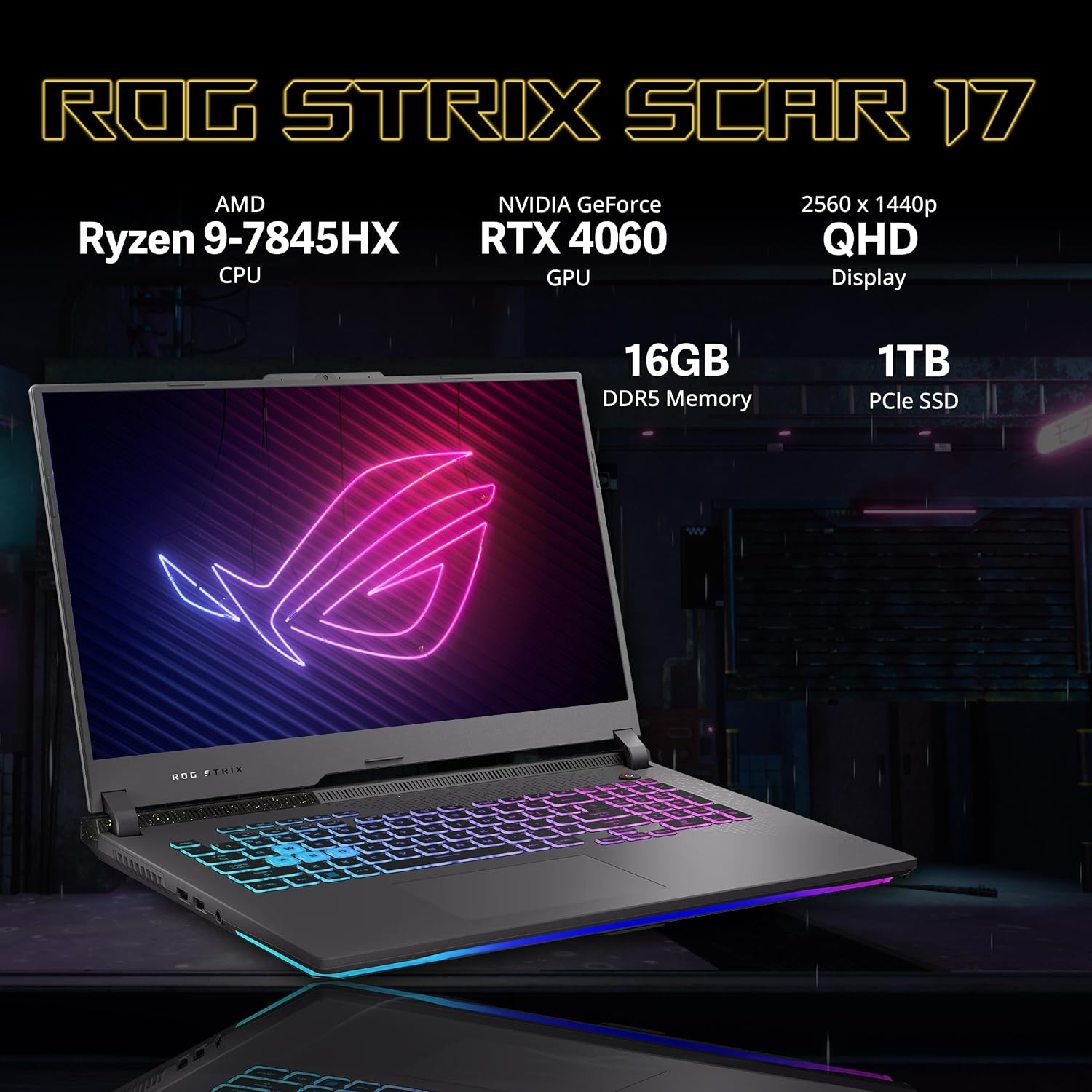 ASUS ROG Strix G17 Gaming Laptop, 17.3' QHD 240Hz Display, AMD Ryzen 9 7845HX, GeForce RTX 4060, 16GB DDR5 RAM, 1TB PCIe SSD, RGB Backlit Keyboard, Win 11 Pro, Gray, 32GB Hotface USB Card (Renewed)