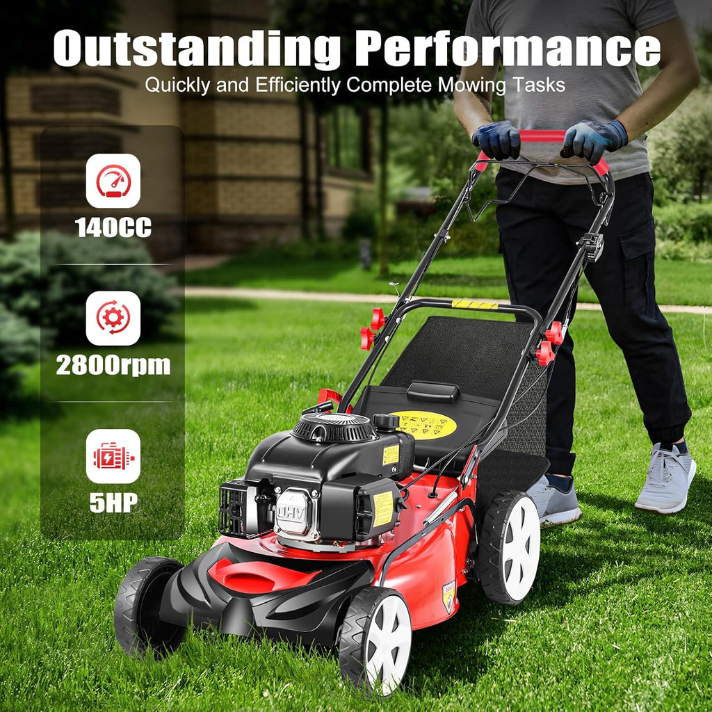 20 Inch Self Propelled Gas Lawn Mower, 140CC 4-Stroke OHV Engine 5HP, 8-Position Height Adjustment 1-3.2in, 15.9Gal Large Grass Catcher Cordless Push Lawn Mowers for Garden Yard