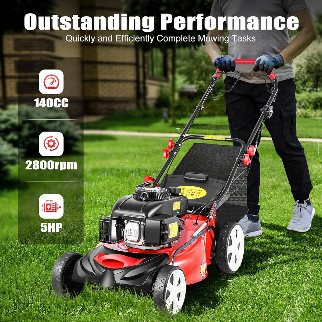 Self Propelled Lawn Mower 140CC 4-Stroke Gas Lawn Mowers 20 Inch Cutting Width Lawn Mower 8 Adjustable Height Gas Powered Lawn Mower 3-in-1 with Grass Collecting Bag