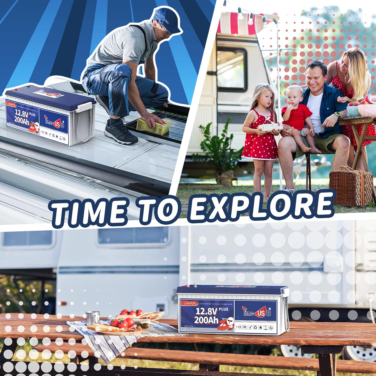 Timeusb 12V 200Ah Plus LiFePO4 Battery, Built-in 200A BMS, Deep Cycle Battery with Max 2560W Output Power, Perfect for Your RVs, Solar System, Off-grid, Travel Trailer, etc