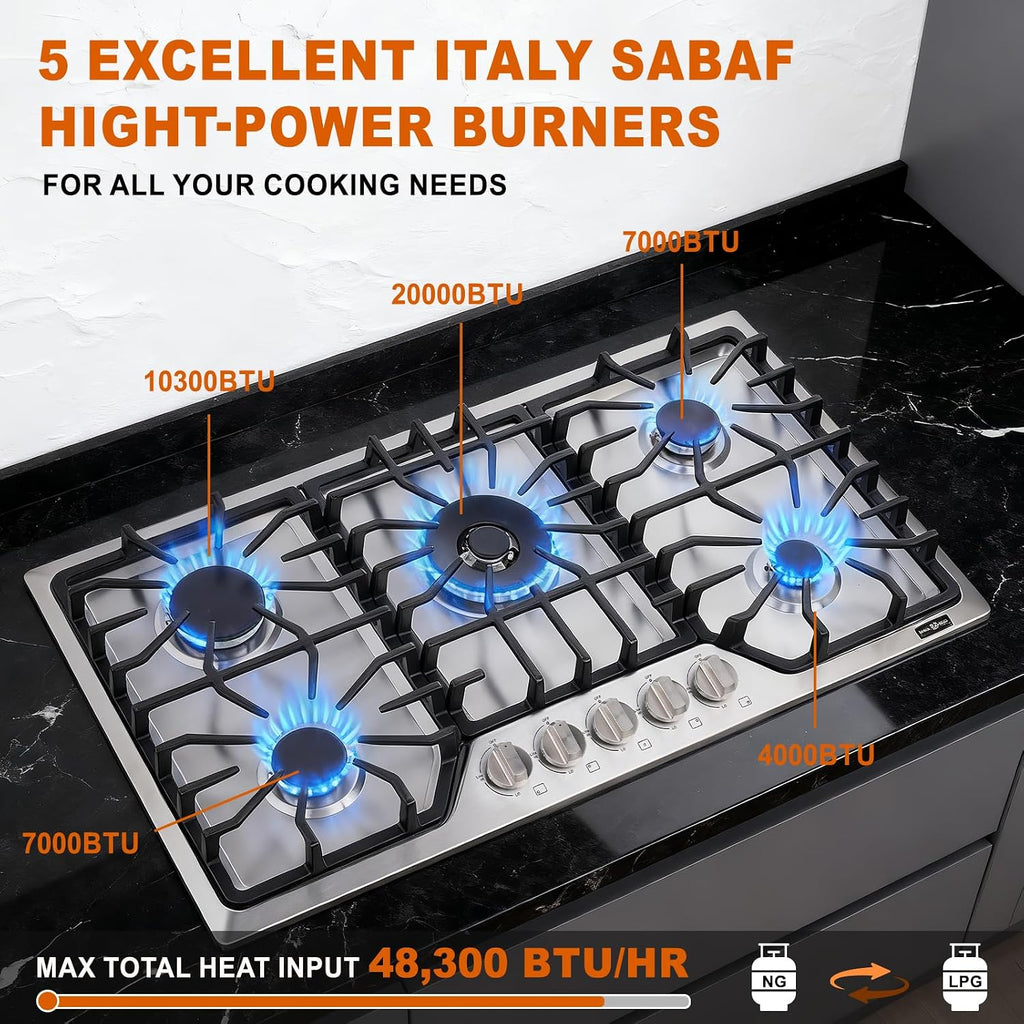 36 inch Gas Cooktop with 5 Italy SABAF Powerful Burners.Max 48,300 BTU/hr Built-in Gas Stove top of 304 Stainless steel,NG/LPG Convertible,ETL.