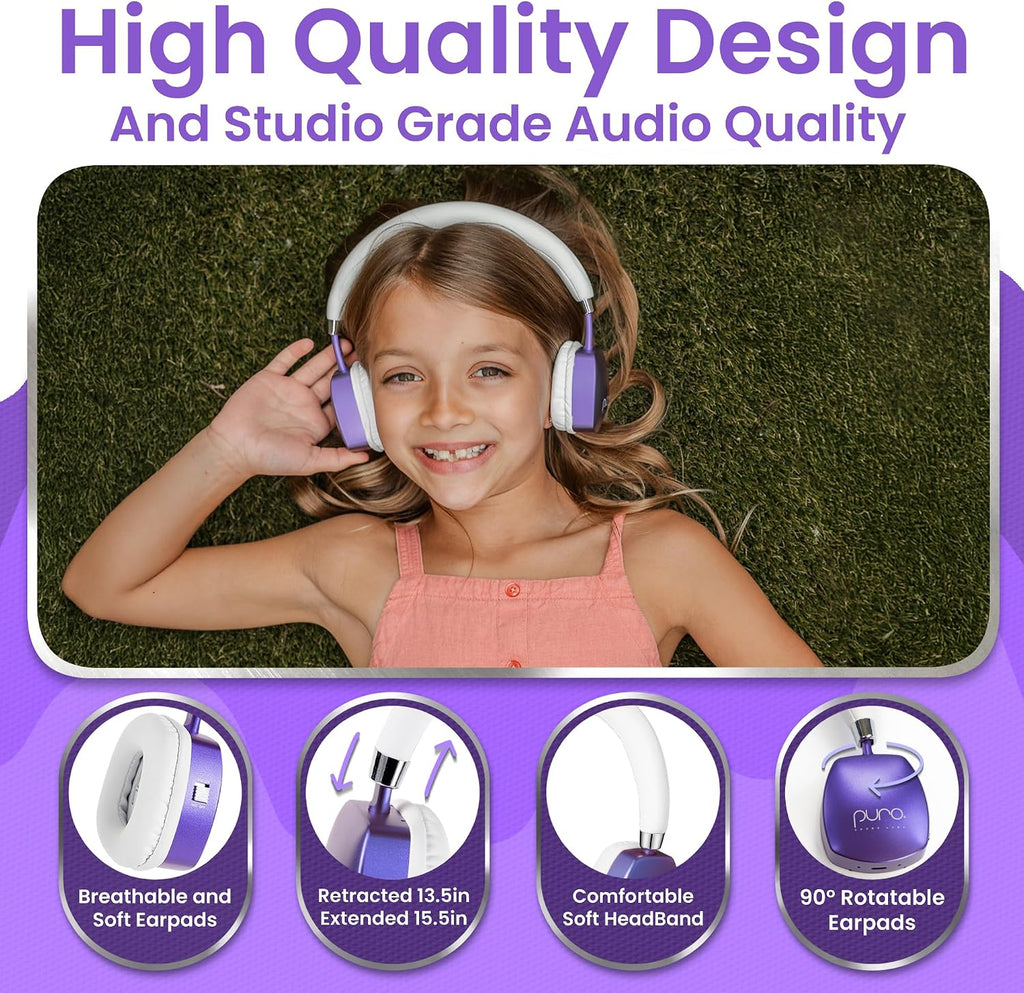 Puro Sound Labs Noise Cancelling Headphones for Kids - 85 dB Volume Limit, Built in Mic, 35-Hour Battery, Lightweight On Ear Design & Comfy Fit, Bluetooth Headphones for Kids – PuroQuiet Plus, Purple